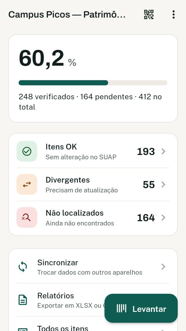 Painel de um inventário no SLAP Mobile: 60,2% verificados, com os totais de itens OK, divergentes e não localizados
